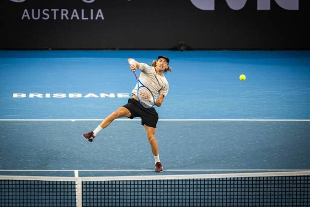 Australia s Max Purcell wins first set against Holger Rune of Denmark Photo: Ben Symons SHUTTER STOCK Brisbane International Tennis Tournament, Day Two, Queensland Tennis Centre, Brisbane, Australia - 01 Jan 2024  Copyright: xBenxSymons Shutterstockx 14279941s