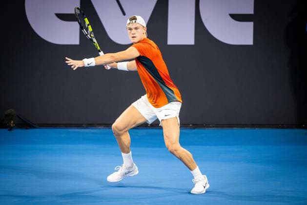 Holger Rune of Denmark playing Australia s Max Purcell Photo: Ben Symons SHUTTER STOCK Brisbane International Tennis Tournament, Day Two, Queensland Tennis Centre, Brisbane, Australia - 01 Jan 2024  Copyright: xBenxSymons Shutterstockx 14279941ad