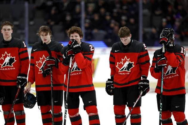 GOTHENBURG, SWEDEN 20240102 Canadian players look dejected after losing the IIHF World Junior Championship ice hockey quarter final match between Canada and Czech Republic at Scandinavium in Gothenburg, Sweden January 2, 2024 GOTHENBURG SWEDEN x9200x  Copyright: xAdamxIhse TTx IIHF World Junior Championship 23-24 Canada - Czech Republic