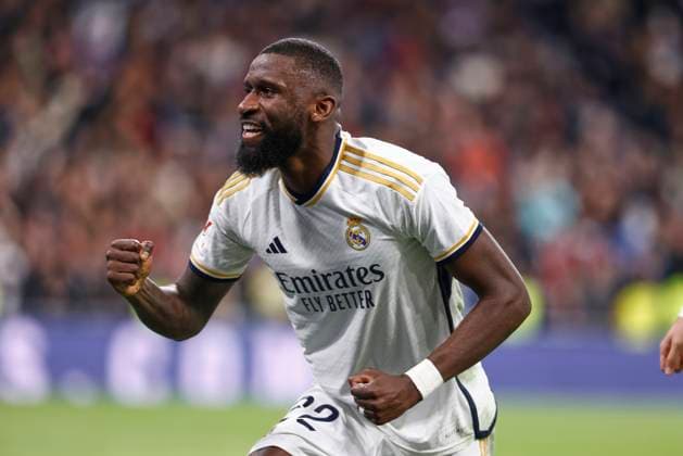 Spain, Madrid, 03 01 2024, Santiago Bernabeu Stadium, Real Madrid v RCD Mallorca La Liga EA Sports match round 19, Antonio Rudiger Real Madrid CF celebrates after scoring his team˜s first goal Madrid Santiago Bernabeu Stadium Spain eu-images-071