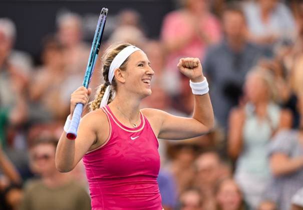 TENNIS BRISBANE INTERNATIONAL, Victoria Azarenka of Belarus celebrates winning against Jelena Ostapenko of Latvia after their match on Day 6 of the 2024 Brisbane International at the Queensland Tennis Centre in Brisbane, Friday, January 5, 2024. ( NO ARCHIVING, EDITORIAL USE ONLY, NO USE IN BOOKS WITHOUT CONSENT BRISBANE QUEENSLAND AUSTRALIA  Copyright: xZAINxMOHAMMEDx 20240105001885072341