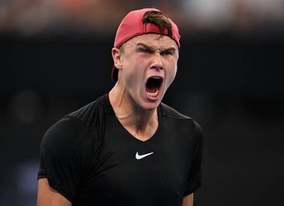 TENNIS BRISBANE INTERNATIONAL, Holger Rune of Denmark celebrates winning against James Duckworth of Australia during their match on Day 6 of the 2024 Brisbane International at the Queensland Tennis Centre in Brisbane, Friday, January 5, 2024. ( NO ARCHIVING, EDITORIAL USE ONLY, NO USE IN BOOKS WITHOUT CONSENT BRISBANE QUEENSLAND AUSTRALIA  Copyright: xZAINxMOHAMMEDx 20240105001885109956