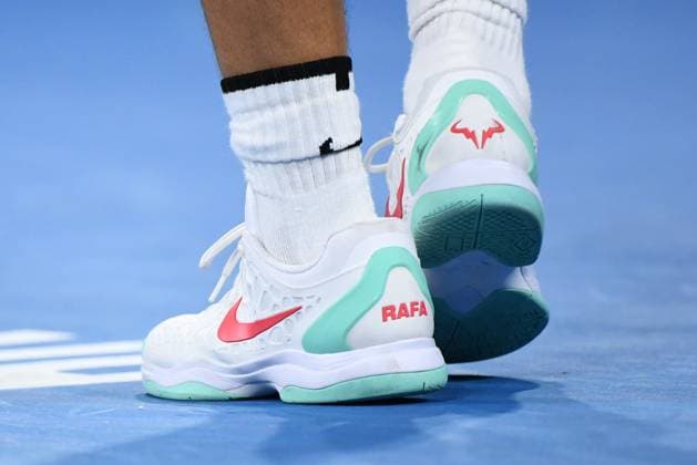 TENNIS BRISBANE INTERNATIONAL, Rafael Nadal of Spain?s shoes are seen in action against Jordan Thompson of Australia during their quarter-final match on Day 6 of the 2024 Brisbane International at the Queensland Tennis Centre in Brisbane, Friday, January 5, 2024. ( NO ARCHIVING, EDITORIAL USE ONLY, NO USE IN BOOKS WITHOUT CONSENT BRISBANE QUEENSLAND AUSTRALIA  Copyright: xJONOxSEARLEx 20240105001885184276