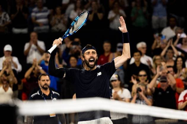 Jordan Thompson celebrates winning the Quarter Final Brisbane international 5th January 2024 Brisbane International Tennis Tournament, Day Six, Queensland Tennis Centre, Brisbane, Australia - 05 Jan 2024  Copyright: xBenxSymons Shutterstockx 14282841kq