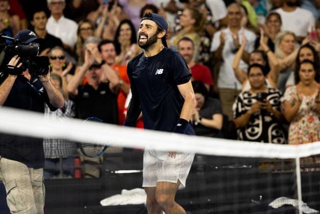 Jordan Thompson celebrates winning the Quarter Final Brisbane international 5th January 2024 Brisbane International Tennis Tournament, Day Six, Queensland Tennis Centre, Brisbane, Australia - 05 Jan 2024  Copyright: xBenxSymons Shutterstockx 14282841kp