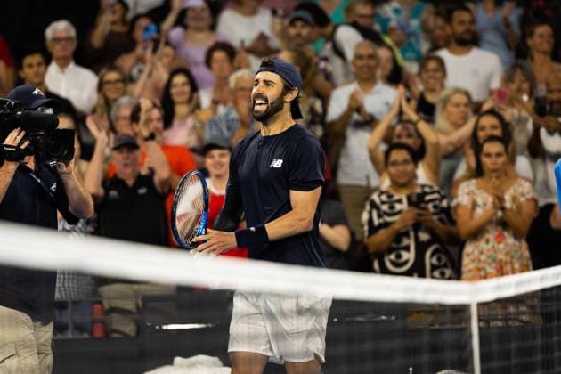 Jordan Thompson celebrates winning the Quarter Final Brisbane international 5th January 2024 Brisbane International Tennis Tournament, Day Six, Queensland Tennis Centre, Brisbane, Australia - 05 Jan 2024  Copyright: xBenxSymons Shutterstockx 14282841kn