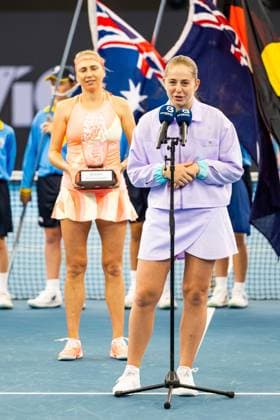 Lyudmyla Kichnok and Jelena Ostapenko - winners of womens doubles final Brisbane international 6th January 2024 Brisbane International Tennis Tournament, Day Seven, Queensland Tennis Centre, Brisbane, Australia - 06 Jan 2024  Copyright: xBenxSymons Shutterstockx 14286930ab