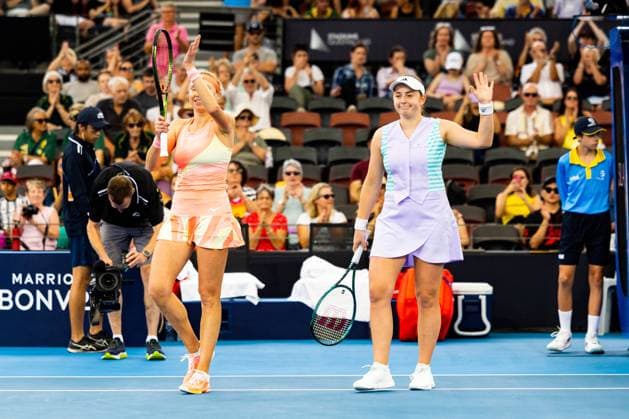 Lyudmyla Kichnok and Jelena Ostapenko celebrate winning the womens doubles final Brisbane international 6th January 2024 Brisbane International Tennis Tournament, Day Seven, Queensland Tennis Centre, Brisbane, Australia - 06 Jan 2024  Copyright: xBenxSymons Shutterstockx 14286930r