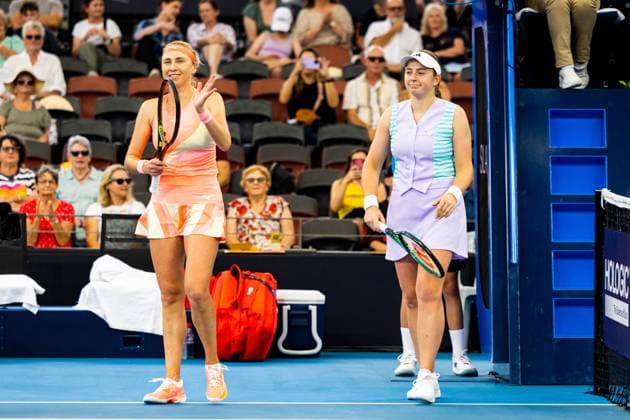 Lyudmyla Kichnok and Jelena Ostapenko celebrate winning the womens doubles final Brisbane international 6th January 2024 Brisbane International Tennis Tournament, Day Seven, Queensland Tennis Centre, Brisbane, Australia - 06 Jan 2024  Copyright: xBenxSymons Shutterstockx 14286930q