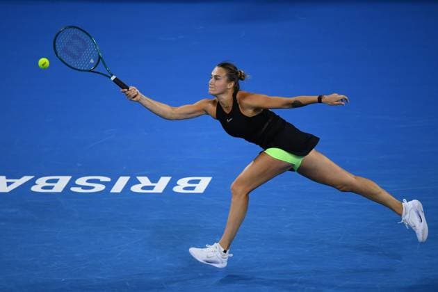 TENNIS BRISBANE INTERNATIONAL, Aryna Sabalenka of Belarus in action against Victoria Azarenka of Belarus during their semifinal match on Day 7 of the 2024 Brisbane International at the Queensland Tennis Centre in Brisbane, Saturday, January 6, 2024. ( NO ARCHIVING, EDITORIAL USE ONLY, NO USE IN BOOKS WITHOUT CONSENT BRISBANE QUEENSLAND AUSTRALIA  Copyright: xJONOxSEARLEx 20240106001885472515