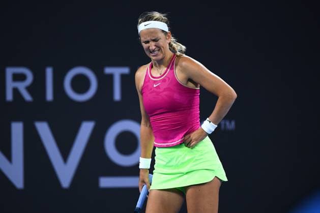 TENNIS BRISBANE INTERNATIONAL, Victoria Azarenka of Belarus reacts in pain against Aryna Sabalenka of Belarus during their semifinal match on Day 7 of the 2024 Brisbane International at the Queensland Tennis Centre in Brisbane, Saturday, January 6, 2024. ( NO ARCHIVING, EDITORIAL USE ONLY, NO USE IN BOOKS WITHOUT CONSENT BRISBANE QUEENSLAND AUSTRALIA  Copyright: xJONOxSEARLEx 20240106001885482722