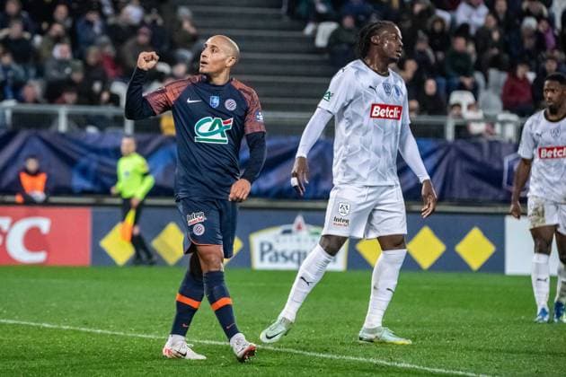 Joie des joueurs de Montpellier Herault SC aprÃ s le but de Wahbi Khazri (Montpellier HSC) FOOTBALL : Amiens SC vs Montpellier HSC - Coupe de France - 32e de Finale - 06 01 2024 BaptisteAutissier Panoramic 