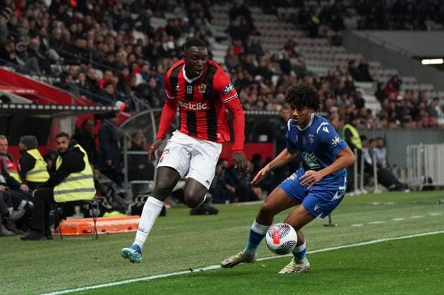 Antoine Mendy (OGC Nice) - Clement Akpa (AJ Auxerre) FOOTBALL : OGC Nice vs AJ Auxerre - 32e de finale de Coupe de France - Nice - 06 01 2024 NorbertScanella Panoramic 