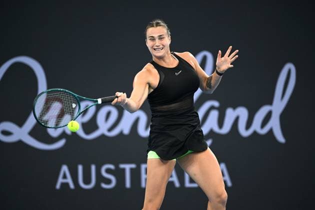 TENNIS BRISBANE INTERNATIONAL, Aryna Sabalenka of Belarus in action against Elena Rybakina of Kazakhstan during the women?s Final on Day 8 of the 2024 Brisbane International at the Queensland Tennis Centre in Brisbane, Sunday, January 7, 2024. ( NO ARCHIVING, EDITORIAL USE ONLY, NO USE IN BOOKS WITHOUT CONSENT BRISBANE QUEENSLAND AUSTRALIA  Copyright: xDARRENxENGLANDx 20240107001885846950