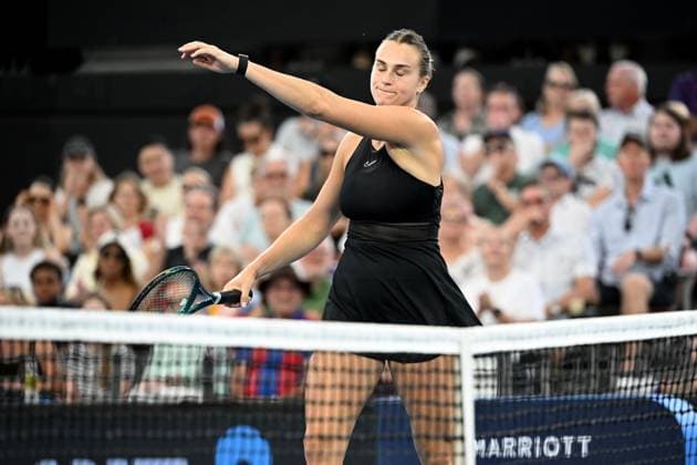 TENNIS BRISBANE INTERNATIONAL, Aryna Sabalenka of Belarus reacts against Elena Rybakina of Kazakhstan during the women?s Final on Day 8 of the 2024 Brisbane International at the Queensland Tennis Centre in Brisbane, Sunday, January 7, 2024. ( NO ARCHIVING, EDITORIAL USE ONLY, NO USE IN BOOKS WITHOUT CONSENT BRISBANE QUEENSLAND AUSTRALIA  Copyright: xDARRENxENGLANDx 20240107001885847452