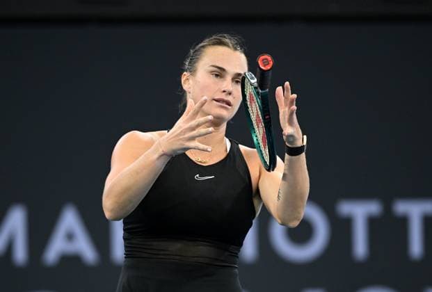 TENNIS BRISBANE INTERNATIONAL, Aryna Sabalenka of Belarus reacts against Elena Rybakina of Kazakhstan during the women?s Final on Day 8 of the 2024 Brisbane International at the Queensland Tennis Centre in Brisbane, Sunday, January 7, 2024. ( NO ARCHIVING, EDITORIAL USE ONLY, NO USE IN BOOKS WITHOUT CONSENT BRISBANE QUEENSLAND AUSTRALIA  Copyright: xDARRENxENGLANDx 20240107001885847546