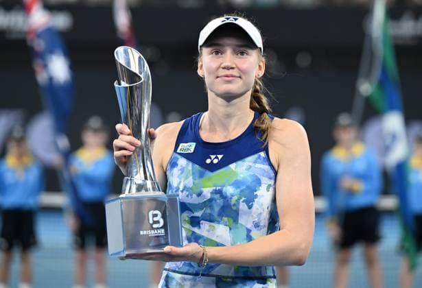 TENNIS BRISBANE INTERNATIONAL, Elena Rybakina of Kazakhstan celebrates winning with the trophy against Aryna Sabalenka of Belarus during the women?s Final on Day 8 of the 2024 Brisbane International at the Queensland Tennis Centre in Brisbane, Sunday, January 7, 2024. ( NO ARCHIVING, EDITORIAL USE ONLY, NO USE IN BOOKS WITHOUT CONSENT BRISBANE QUEENSLAND AUSTRALIA  Copyright: xDARRENxENGLANDx 20240107001885852843