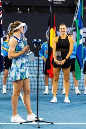 ELENA RYBAKINA and Aryna Sabalenka receive their trophies from the Womens Final Brisbane international 7th January 2024 Brisbane International Tennis Tournament, Day Eight, Queensland Tennis Centre, Brisbane, Australia - 07 Jan 2024  Copyright: xBenxSymons Shutterstockx 14286931w