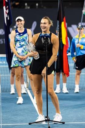 ELENA RYBAKINA and Aryna Sabalenka receive their trophies from the Womens Final Brisbane international 7th January 2024 Brisbane International Tennis Tournament, Day Eight, Queensland Tennis Centre, Brisbane, Australia - 07 Jan 2024  Copyright: xBenxSymons Shutterstockx 14286931u