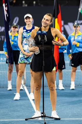 ELENA RYBAKINA and Aryna Sabalenka receive their trophies from the Womens Final Brisbane international 7th January 2024 Brisbane International Tennis Tournament, Day Eight, Queensland Tennis Centre, Brisbane, Australia - 07 Jan 2024  Copyright: xBenxSymons Shutterstockx 14286931t