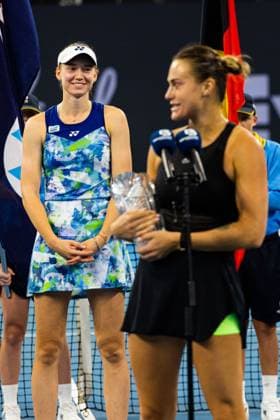 ELENA RYBAKINA and Aryna Sabalenka receive their trophies from the Womens Final Brisbane international 7th January 2024 Brisbane International Tennis Tournament, Day Eight, Queensland Tennis Centre, Brisbane, Australia - 07 Jan 2024  Copyright: xBenxSymons Shutterstockx 14286931p