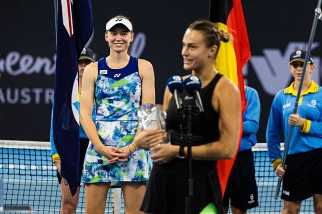 ELENA RYBAKINA and Aryna Sabalenka receive their trophies from the Womens Final Brisbane international 7th January 2024 Brisbane International Tennis Tournament, Day Eight, Queensland Tennis Centre, Brisbane, Australia - 07 Jan 2024  Copyright: xBenxSymons Shutterstockx 14286931o