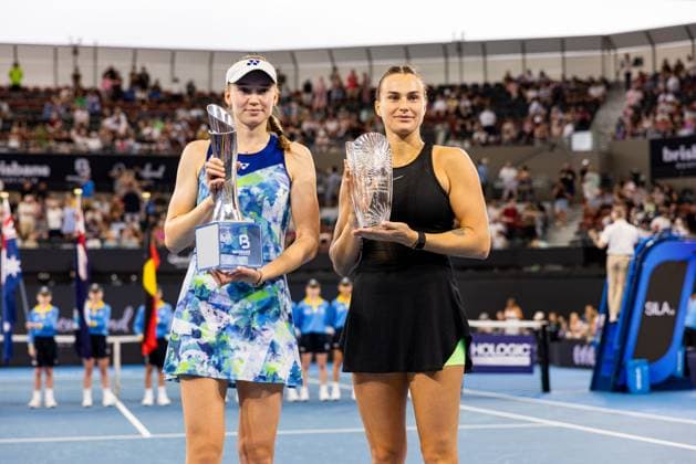 ELENA RYBAKINA and Aryna Sabalenka trophy presentation Womens Final Brisbane international 7th January 2024 Brisbane International Tennis Tournament, Day Eight, Queensland Tennis Centre, Brisbane, Australia - 07 Jan 2024  Copyright: xBenxSymons Shutterstockx 14286931ch