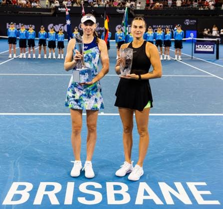 ELENA RYBAKINA and Aryna Sabalenka trophy presentation Womens Final Brisbane international 7th January 2024 Brisbane International Tennis Tournament, Day Eight, Queensland Tennis Centre, Brisbane, Australia - 07 Jan 2024  Copyright: xBenxSymons Shutterstockx 14286931cg