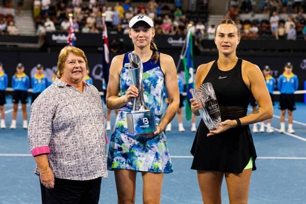 ELENA RYBAKINA and Aryna Sabalenka trophy presentation Womens Final Brisbane international 7th January 2024 Brisbane International Tennis Tournament, Day Eight, Queensland Tennis Centre, Brisbane, Australia - 07 Jan 2024  Copyright: xBenxSymons Shutterstockx 14286931by