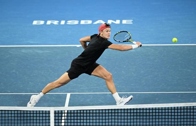 TENNIS BRISBANE INTERNATIONAL, Holger Rune of Denmark in action against Grigor Dimitrov of Bulgaria during the men?s Final on Day 8 of the 2024 Brisbane International at the Queensland Tennis Centre in Brisbane, Sunday, January 7, 2024. ( NO ARCHIVING, EDITORIAL USE ONLY, NO USE IN BOOKS WITHOUT CONSENT BRISBANE QUEENSLAND AUSTRALIA  Copyright: xDARRENxENGLANDx 20240107001885887899