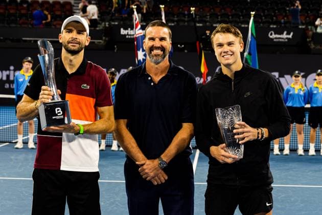 Grigor Dimitrov, Pat Rafter and Holger Rune at trophy celevration Mens Final Brisbane international 7th January 2024 Brisbane International Tennis Tournament, Day Eight, Queensland Tennis Centre, Brisbane, Australia - 07 Jan 2024  Copyright: xBenxSymons Shutterstockx 14286931gg