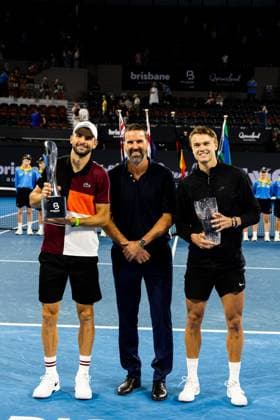 Grigor Dimitrov, Pat Rafter and Holger Rune at trophy celevration Mens Final Brisbane international 7th January 2024 Brisbane International Tennis Tournament, Day Eight, Queensland Tennis Centre, Brisbane, Australia - 07 Jan 2024  Copyright: xBenxSymons Shutterstockx 14286931gd