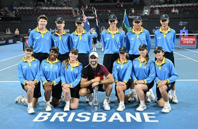 TENNIS BRISBANE INTERNATIONAL, Grigor Dimitrov of Bulgaria poses for a photo with the ball kids after winning the men?s Final against Holger Rune of Denmark on Day 8 of the 2024 Brisbane International at the Queensland Tennis Centre in Brisbane, Sunday, January 7, 2024. ( NO ARCHIVING, EDITORIAL USE ONLY, NO USE IN BOOKS WITHOUT CONSENT BRISBANE QUEENSLAND AUSTRALIA  Copyright: xDARRENxENGLANDx 20240107001885892493