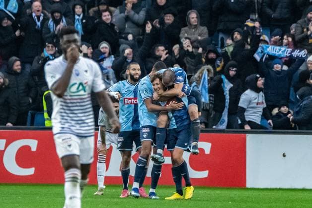 Joie des joueurs de l™AC Le Havre aprÃ s le but de Daler Kuziaev (Havre AC) FOOTBALL : Havre AC vs SM Caen - Coupe de France - 32e de Finale - 07 01 2024 BaptisteAutissier Panoramic 