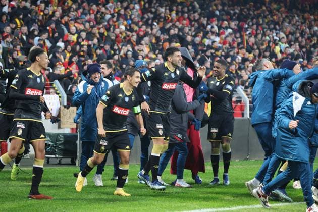 Joie des joueurs de Monaco lors du match de Coupe de France entre le RC Lens et Monaco, stade Bollaert-Delelis, le 7 janvier 2024 FOOTBALL : RC LENS vs MONACO - COUPE DE FRANCE - 07 01 2024 LaurentSanson Panoramic 