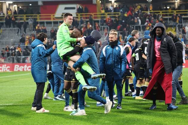 Joie des joueurs de Monaco lors du match de Coupe de France entre le RC Lens et Monaco, stade Bollaert-Delelis, le 7 janvier 2024 FOOTBALL : RC LENS vs MONACO - COUPE DE FRANCE - 07 01 2024 LaurentSanson Panoramic 