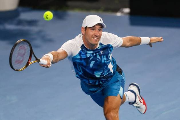 TENNIS ADELAIDE INTERNATIONAL, DuÅ¡an LajoviÄ? of Serbia in action against Thanasi Kokkinakis of Australia during their round of 32 match of the 2024 Adelaide International at Memorial Drive Tennis Centre in Adelaide, Monday, January 8, 2024. ( NO ARCHIVING, EDITORIAL USE ONLY, NO USE IN BOOKS WITHOUT CONSENT ADELAIDE SOUTH AUSTRALIA AUSTRALIA  Copyright: xMATTxTURNERx 20240108001886386221