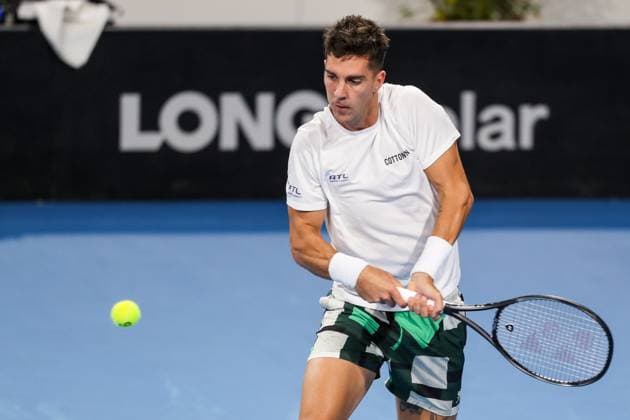 TENNIS ADELAIDE INTERNATIONAL, Thanasi Kokkinakis of Australia in action against DuÅ¡an LajoviÄ? of Serbia during their round of 32 match of the 2024 Adelaide International at Memorial Drive Tennis Centre in Adelaide, Monday, January 8, 2024. ( NO ARCHIVING, EDITORIAL USE ONLY, NO USE IN BOOKS WITHOUT CONSENT ADELAIDE SOUTH AUSTRALIA AUSTRALIA  Copyright: xMATTxTURNERx 20240108001886386405
