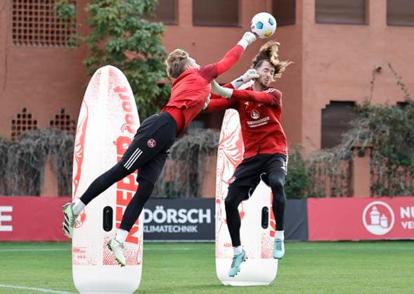 08 01 2024 Soccer 2 Soccer Bundesliga Season 2023 2024 1 FC Nuremberg FCN Club Training Camp Winter Winter Training Camp Marbella Spain Sportfoto Zink DaMa xdaxmax Jan Reichert 31, 1 FC Nuremberg FCN Carl Klaus 1, 1 FC Nuremberg FCN collide