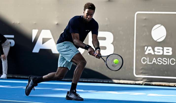 8th January 2024; Auckland, New Zealand: Gael Monfils of France plays a shot during his first round singles match at the ASB Classic tennis tournament in Auckland, New Zealand. Monday January 8th, 2024.  ActionPlus12596008 AndrewxCornaga
