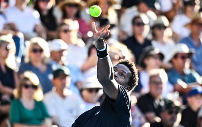 8th January 2024; Auckland, New Zealand: Gael Monfils of France serves during his first round singles match at the ASB Classic tennis tournament in Auckland, New Zealand. Monday January 8th, 2024.  ActionPlus12596012 AndrewxCornaga