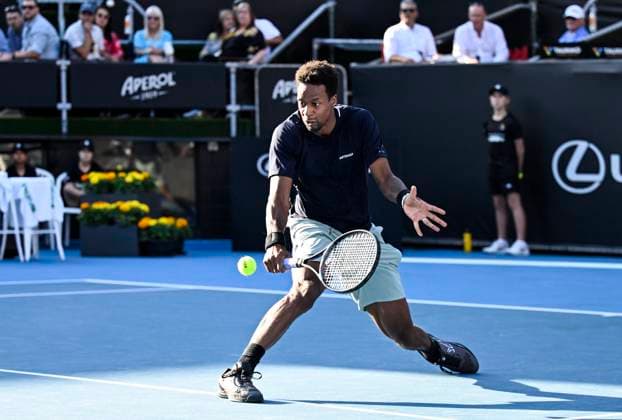 8th January 2024; Auckland, New Zealand: Gael Monfils of France plays a shot during his first round singles match at the ASB Classic tennis tournament in Auckland, New Zealand. Monday January 8th, 2024.  ActionPlus12596013 AndrewxCornaga