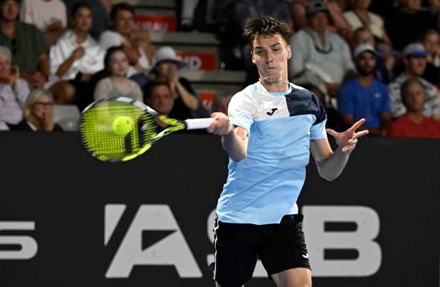 8th January 2024; Auckland, New Zealand: Fabian Marozsan of Hungary plays a shot during his first round singles match at the ASB Classic tennis tournament in Auckland, New Zealand. Monday January 8th, 2024.  ActionPlus12596038 AndrewxCornaga