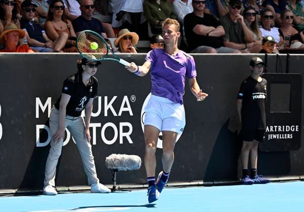 8th January 2024; Auckland, New Zealand: Luca Van assche of France during his first round singles match at the ASB Classic tennis tournament in Auckland, New Zealand. Monday January 8th, 2024.  ActionPlus12595984 AndrewxCornaga