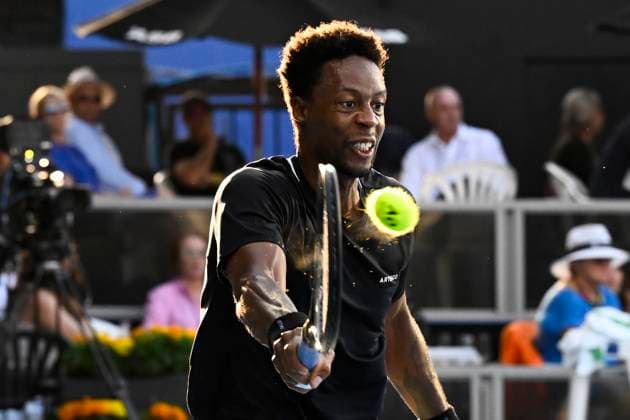 8th January 2024; Auckland, New Zealand: Gael Monfils of the France plays a shot during his first round singles match at the ASB Classic tennis tournament in Auckland, New Zealand. Monday January 8th, 2024.  ActionPlus12596018 AndrewxCornaga