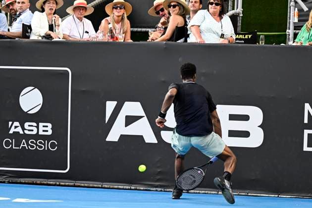 8th January 2024; Auckland, New Zealand: Gael Monfils of the France plays a shot during his first round singles match at the ASB Classic tennis tournament in Auckland, New Zealand. Monday January 8th, 2024.  ActionPlus12596023 AndrewxCornaga