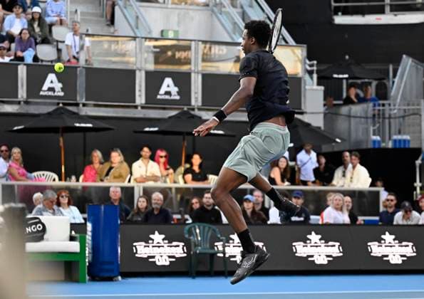 8th January 2024; Auckland, New Zealand: Gael Monfils of the France plays a shot during his first round singles match at the ASB Classic tennis tournament in Auckland, New Zealand. Monday January 8th, 2024.  ActionPlus12596024 AndrewxCornaga