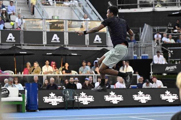 8th January 2024; Auckland, New Zealand: Gael Monfils of the France plays a shot during his first round singles match at the ASB Classic tennis tournament in Auckland, New Zealand. Monday January 8th, 2024.  ActionPlus12596027 AndrewxCornaga