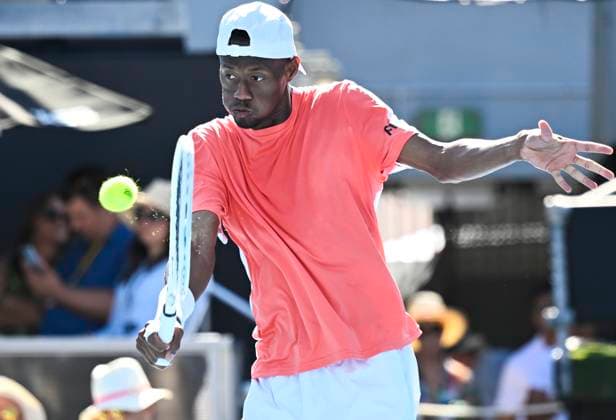 8th January 2024; Auckland, New Zealand: Christopher Eubanks of the USA plays a shot during his first round singles match at the ASB Classic tennis tournament in Auckland, New Zealand. Monday January 8th, 2024.  ActionPlus12595997 AndrewxCornaga