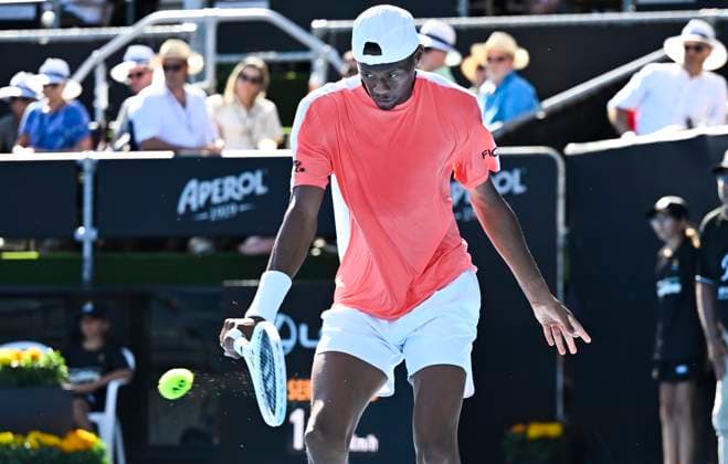 8th January 2024; Auckland, New Zealand: Christopher Eubanks of the USA plays a shot during his first round singles match at the ASB Classic tennis tournament in Auckland, New Zealand. Monday January 8th, 2024.  ActionPlus12595998 AndrewxCornaga